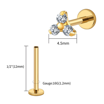 Piercing do pery s trojitým CZ náušnicou z titánu 16G s trojitým CZ náušnicou z tragusu a mušle.