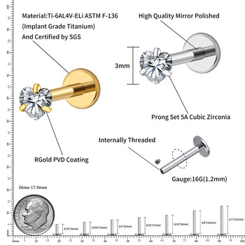 Δεξί Grand ASTM F136 Titanium 16G Heart CZ Εσωτερικά σπειρώματα επίπεδη πλάτη Labret Χόνδρος Tragus Helix Nose Stud Piercing