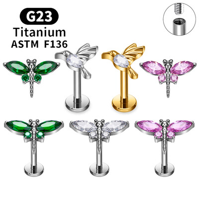 G23 Titanium Dragonfly Stud Earring for Women 16G CZ Internal Thread Labret Lip Ear Cartilage Tragus Daith Piercing Body Jewelry