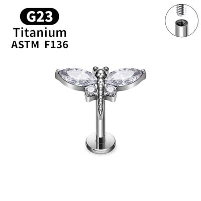 Titánové náušnice G23 s vážkou pre ženy, 16G CZ s vnútorným závitom, labret, piercing do chrupavky, tragus, daith, piercing do tela