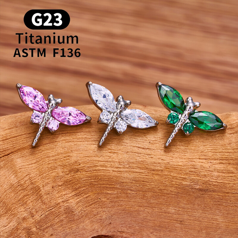 Titánové náušnice G23 s vážkou pre ženy, 16G CZ s vnútorným závitom, labret, piercing do chrupavky, tragus, daith, piercing do tela