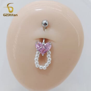 G23Titan Pink Zircon Heart Belly Ring Висяща перла Дамски секси бижута за пъпа Хирургическа титанова щанга Nombril Ombligo Piercing