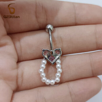 G23Titan Pink Zircon Heart Belly Ring Висяща перла Дамски секси бижута за пъпа Хирургическа титанова щанга Nombril Ombligo Piercing