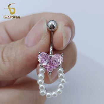 G23Titan Pink Zircon Heart Belly Ring Висяща перла Дамски секси бижута за пъпа Хирургическа титанова щанга Nombril Ombligo Piercing