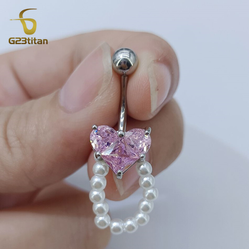 G23Titan Pink Circon Szív Has Gyűrű Függő Gyöngy női Szexi Köldök Ékszer Sebészeti Titán Súlyzó Nombril Ombligo Piercing