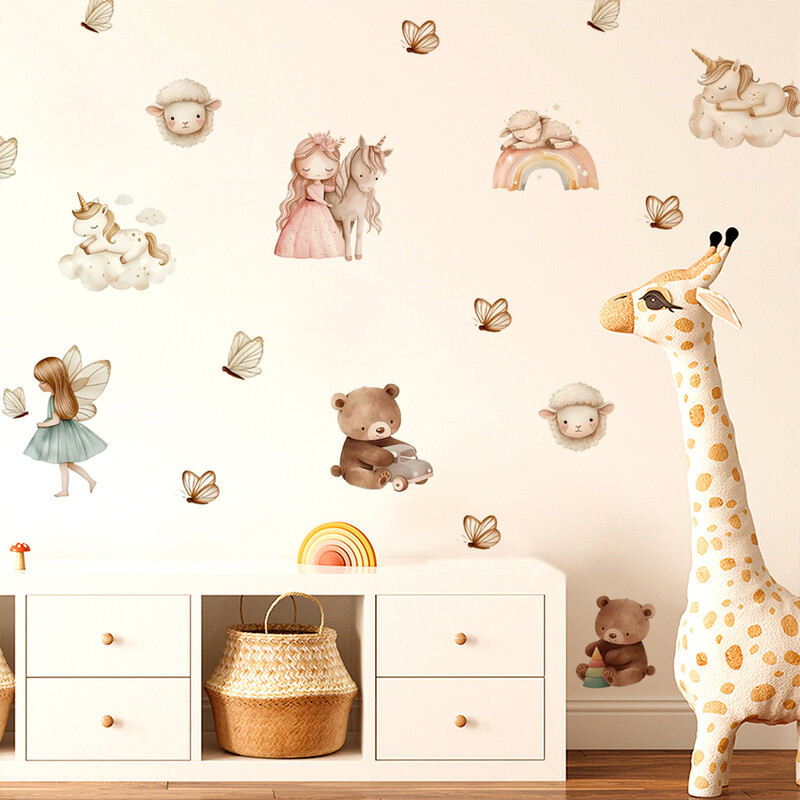 Akvarel Jednorog Vila Medvjed Rainbow Zidne Naljepnice Zidna Dekoracija Dječje Sobe Dekoracija Dječje Sobe Spavaća soba Dnevni Boravak