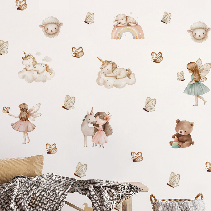 Akvarel Jednorog Vila Medvjed Rainbow Zidne Naljepnice Zidna Dekoracija Dječje Sobe Dekoracija Dječje Sobe Spavaća soba Dnevni Boravak