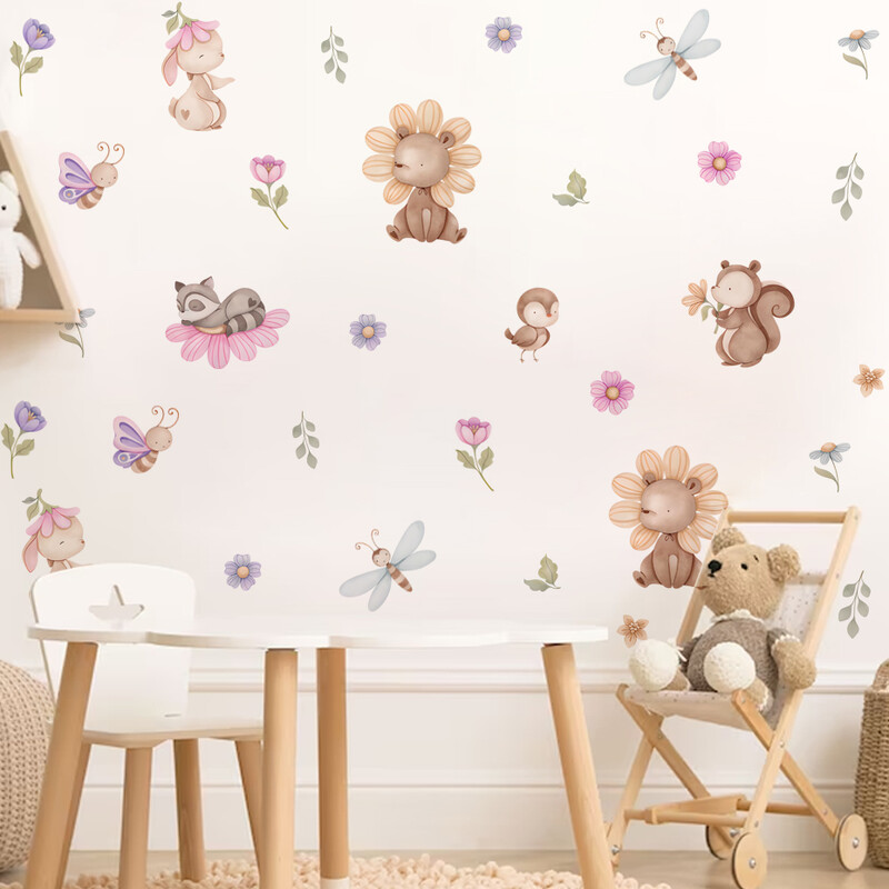 Desen animat Urs Iepure Animal Flori Autocolante de perete Detașabil pentru dormitor Camera de zi Pepinieră Decorare fundal Decalcomanii