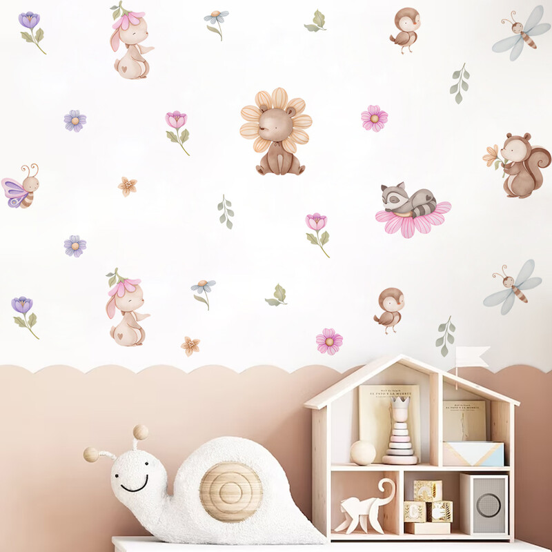 Desen animat Urs Iepure Animal Flori Autocolante de perete Detașabil pentru dormitor Camera de zi Pepinieră Decorare fundal Decalcomanii