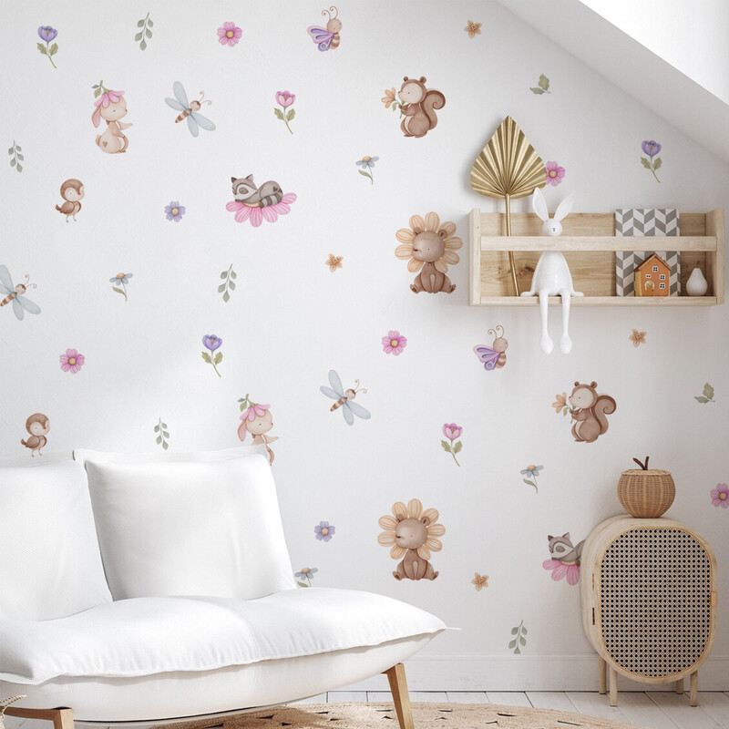Desen animat Urs Iepure Animal Flori Autocolante de perete Detașabil pentru dormitor Camera de zi Pepinieră Decorare fundal Decalcomanii