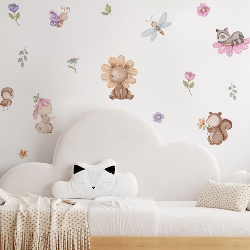 Desen animat Urs Iepure Animal Flori Autocolante de perete Detașabil pentru dormitor Camera de zi Pepinieră Decorare fundal Decalcomanii