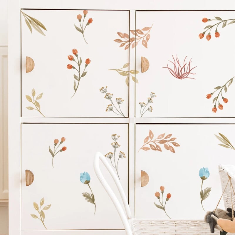 Boho kvety, listy, bylinky, pole, nástenná nálepka do detskej izby, vinylové nástenné dekorácie pre deti, detskú izbu, bytové dekorácie
