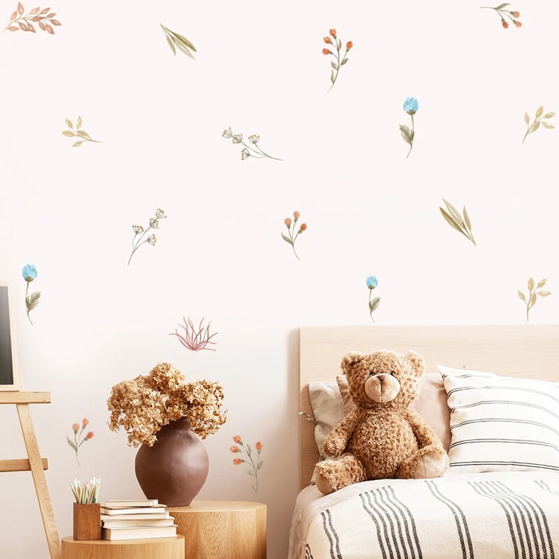 Boho kvety, listy, bylinky, pole, nástenná nálepka do detskej izby, vinylové nástenné dekorácie pre deti, detskú izbu, bytové dekorácie