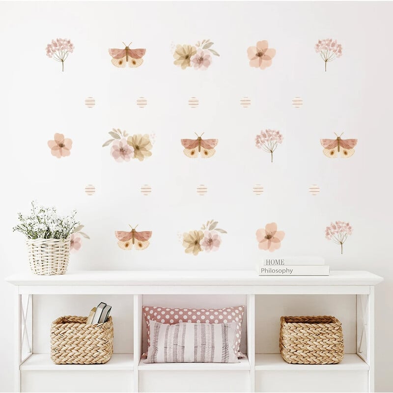 Boho kvety, listy, bylinky, pole, nástenná nálepka do detskej izby, vinylové nástenné dekorácie pre deti, detskú izbu, bytové dekorácie