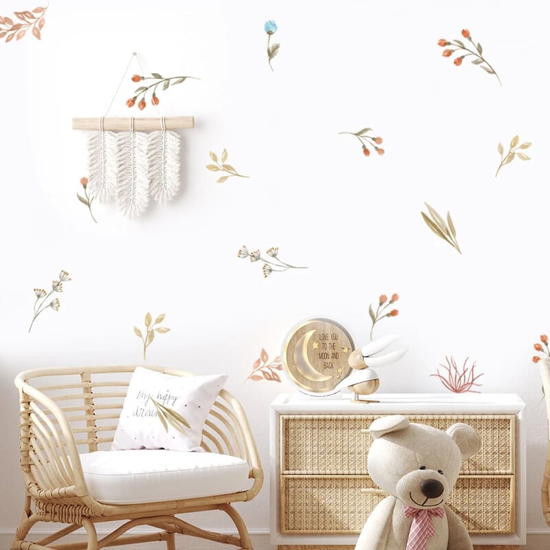 Boho kvety, listy, bylinky, pole, nástenná nálepka do detskej izby, vinylové nástenné dekorácie pre deti, detskú izbu, bytové dekorácie