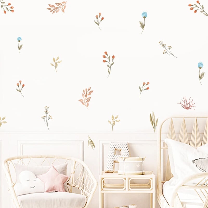 Boho kvety, listy, bylinky, pole, nástenná nálepka do detskej izby, vinylové nástenné dekorácie pre deti, detskú izbu, bytové dekorácie