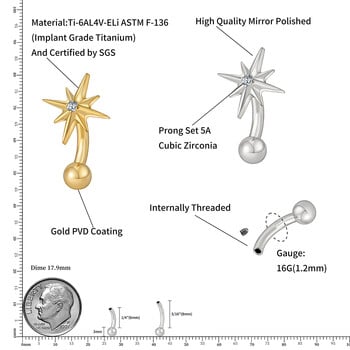 Δεξί Grand ASTM F136 Titanium 16G CZ North Star Rook σκουλαρίκι 6mm 8mm Καμπύλη μπάρα φρυδιών Χόνδρος Tragus Labret Piercing