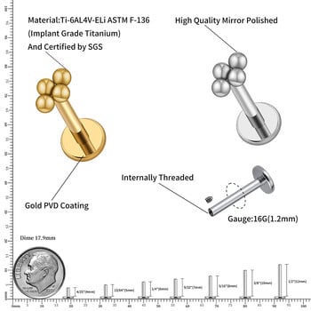 Δεξί Grand ASTM F136 Titanium 16G Mini 4 Bead Cluster Labret Lip Ring Tragus Cartilage Helix Conch Σκουλαρίκι καρφί τρύπημα μύτης