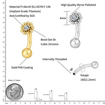 Δεξί Grand ASTM F136 Titanium Mini CZ Σκουλαρίκι Flower Rook 16G κυρτή μπάρα Labret Stud Χόνδρος φρυδιών Tragus Body Piercing