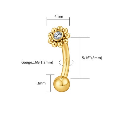 Jobb Grand ASTM F136 Titanium Mini CZ Flower Rook Fülbevaló 16G ívelt súlyzó Labret Stud Szemöldök Porc Tragus Testpiercing