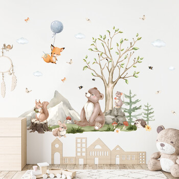 Καρτούν Cute Bear Rabbit Fox Tree Ζώο αυτοκόλλητα τοίχου αφαιρούμενα για Διακόσμηση πόρτας σαλονιού υπνοδωματίου Αυτοκόλλητα τοίχου