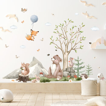 Καρτούν Cute Bear Rabbit Fox Tree Ζώο αυτοκόλλητα τοίχου αφαιρούμενα για Διακόσμηση πόρτας σαλονιού υπνοδωματίου Αυτοκόλλητα τοίχου