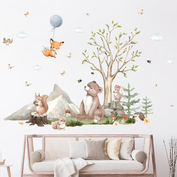 Καρτούν Cute Bear Rabbit Fox Tree Ζώο αυτοκόλλητα τοίχου αφαιρούμενα για Διακόσμηση πόρτας σαλονιού υπνοδωματίου Αυτοκόλλητα τοίχου