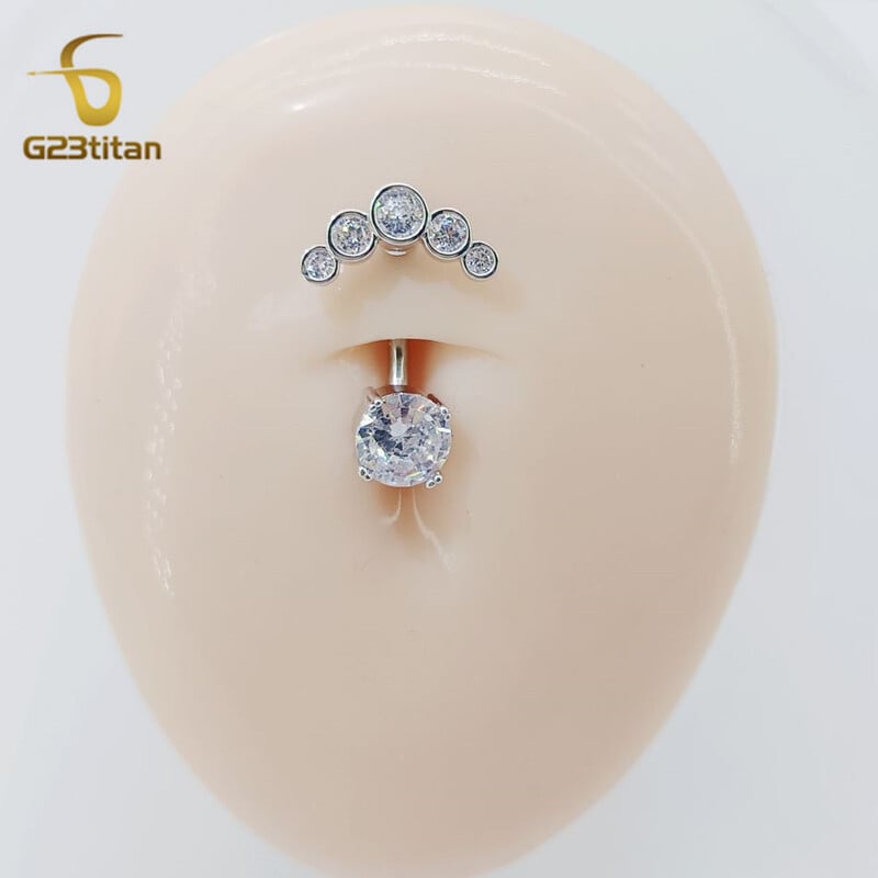 Piercing do pupka z chirurgického titánu s 2 stranami a zirkónom G23Titan, 6-16 mm, 14G, so zaoblenou činkou, dámske doplnky.
