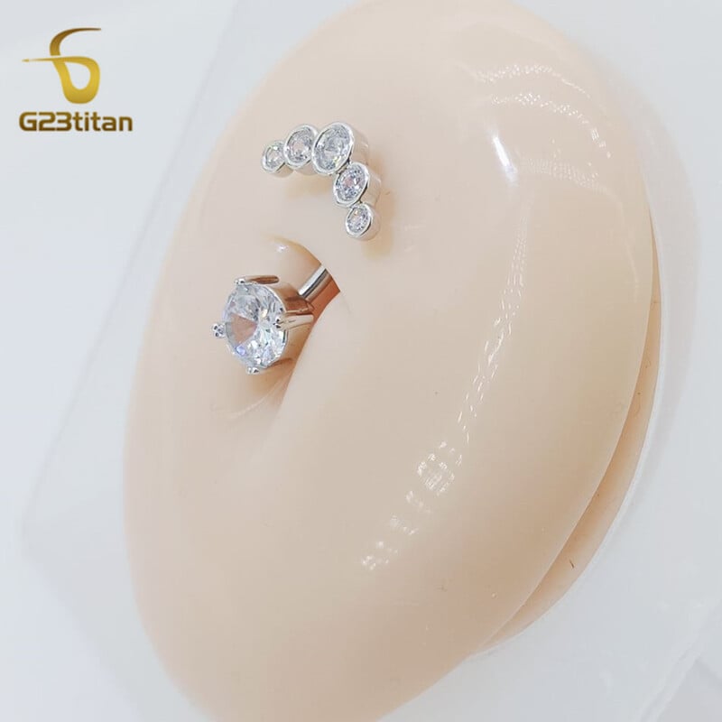 Piercing do pupka z chirurgického titánu s 2 stranami a zirkónom G23Titan, 6-16 mm, 14G, so zaoblenou činkou, dámske doplnky.