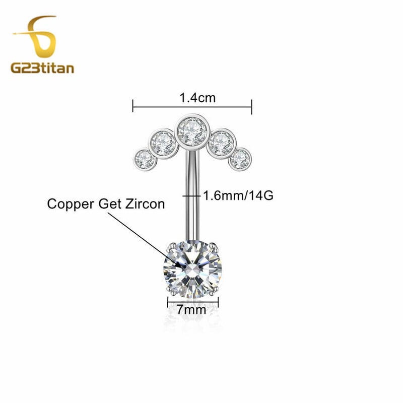Piercing do pupka z chirurgického titánu s 2 stranami a zirkónom G23Titan, 6-16 mm, 14G, so zaoblenou činkou, dámske doplnky.