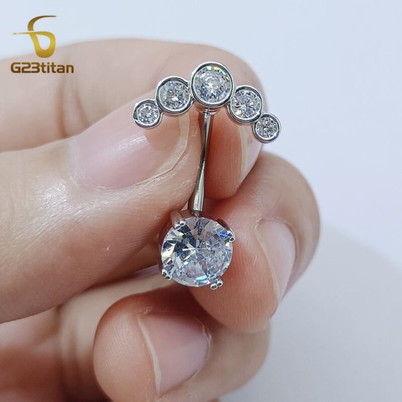 Piercing do pupka z chirurgického titánu s 2 stranami a zirkónom G23Titan, 6-16 mm, 14G, so zaoblenou činkou, dámske doplnky.