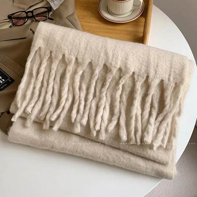 Eșarfă de lână imitație de culoare solidă, 1 buc, pentru femei, șal groase de lux, înveliș pentru iarnă, caldă, lungă, cu ciucuri, hijab, Foulard pentru femei, eșarfe 230*37 cm