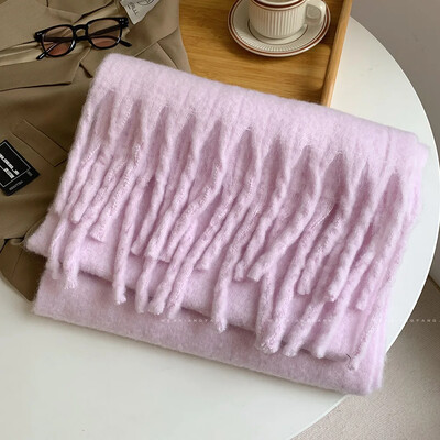 Eșarfă de lână imitație de culoare solidă, 1 buc, pentru femei, șal groase de lux, înveliș pentru iarnă, caldă, lungă, cu ciucuri, hijab, Foulard pentru femei, eșarfe 230*37 cm