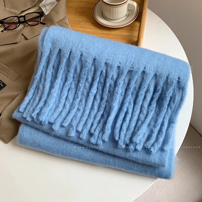 Eșarfă de lână imitație de culoare solidă, 1 buc, pentru femei, șal groase de lux, înveliș pentru iarnă, caldă, lungă, cu ciucuri, hijab, Foulard pentru femei, eșarfe 230*37 cm