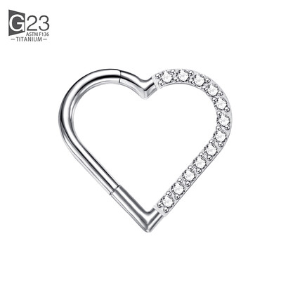 ASTM F-136 Inel de titan pentru nas Cercel de inimă Daith Cartilaj Tragus În formă de D Inele helix Cerc de segment cu balamale cu CZ transparent