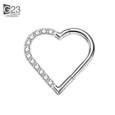ASTM F-136 Inel de titan pentru nas Cercel de inimă Daith Cartilaj Tragus În formă de D Inele helix Cerc de segment cu balamale cu CZ transparent