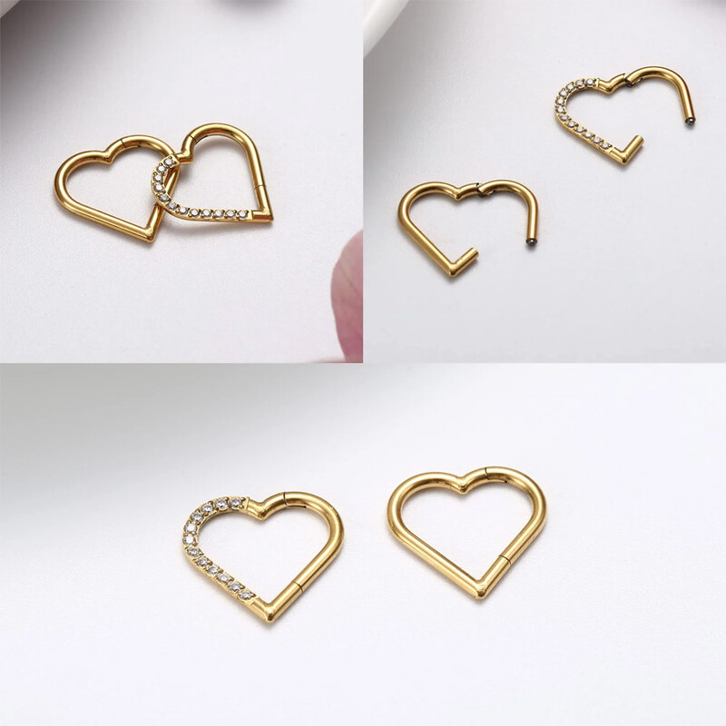 ASTM F-136 Inel de titan pentru nas Cercel de inimă Daith Cartilaj Tragus În formă de D Inele helix Cerc de segment cu balamale cu CZ transparent