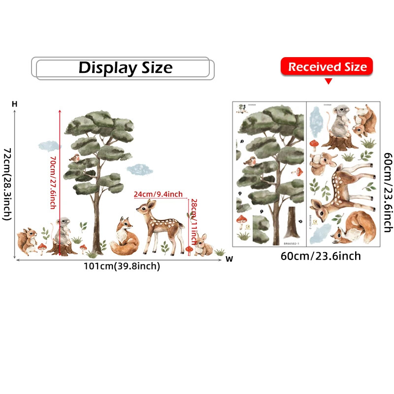 Acuarelă desene animate copac și animale din pădure Cerb Vulpe Iepuraș Autocolante de perete pentru camera copiilor Decori de perete pentru camera de pepinieră pentru copii