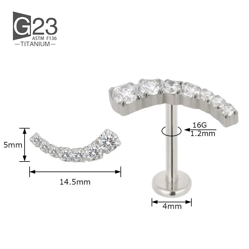 ASTM F136 Titanium EAR PIERC 7 CZ ívelt fogas burkolt felső menetes labret szegecsek Tragus Pircing fülbevaló ajakgyűrű piercing ékszer