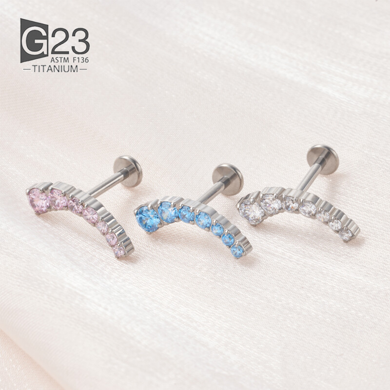 ASTM F136 Titanium EAR PIERC 7 CZ ívelt fogas burkolt felső menetes labret szegecsek Tragus Pircing fülbevaló ajakgyűrű piercing ékszer
