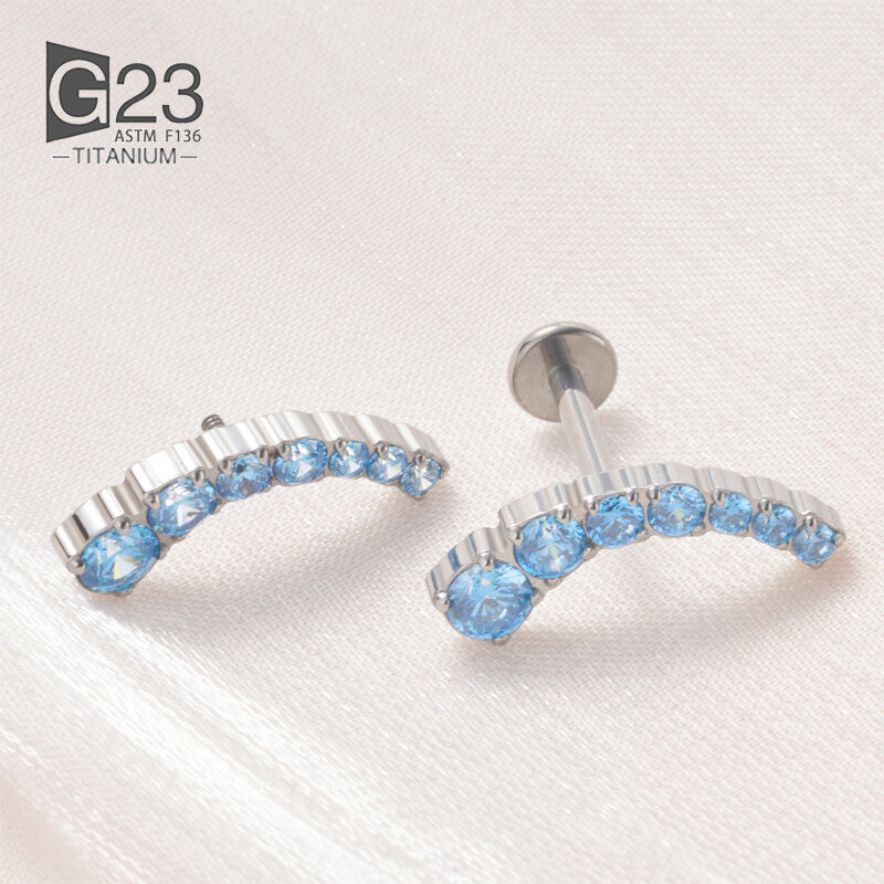 ASTM F136 Titanium EAR PIERC 7 CZ ívelt fogas burkolt felső menetes labret szegecsek Tragus Pircing fülbevaló ajakgyűrű piercing ékszer