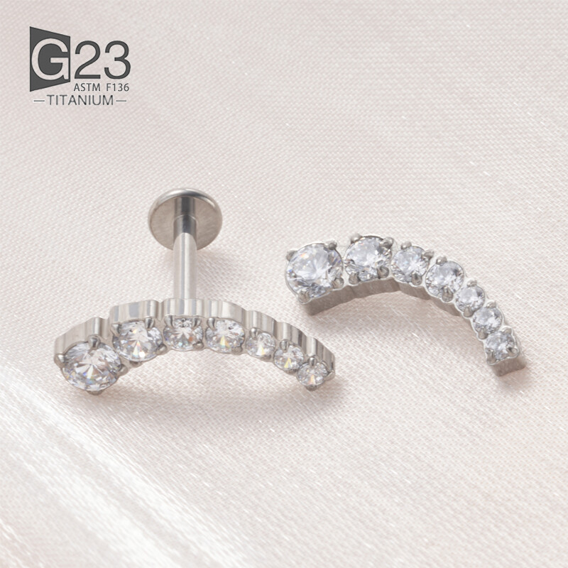 ASTM F136 Titanium EAR PIERC 7 CZ ívelt fogas burkolt felső menetes labret szegecsek Tragus Pircing fülbevaló ajakgyűrű piercing ékszer