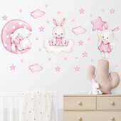 Akvarel nježno ružičasta 3 zečića Zec Mjesec Oblaci Zvijezde Zidne naljepnice za dječju sobu Dječja soba Zidne naljepnice Home Decor PVC