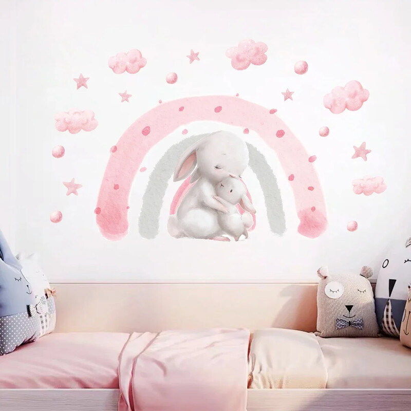 1PC slatki ružičasti dugin zeko zidna naljepnica za dječju sobu, spavaću sobu, dječju sobu Dekoracija doma Dekoracija zidova
