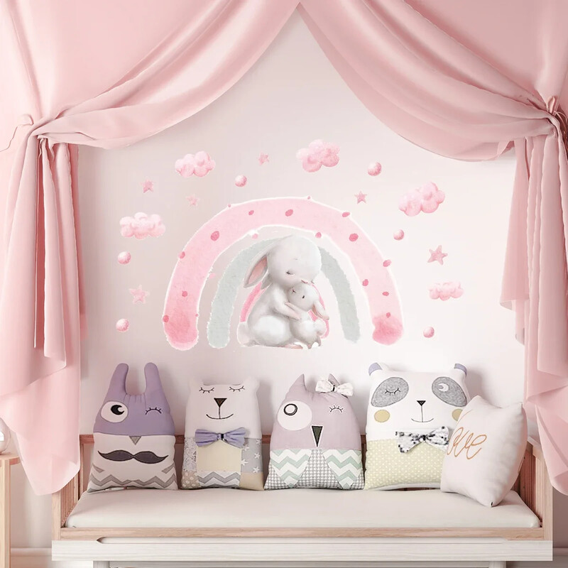 1PC slatki ružičasti dugin zeko zidna naljepnica za dječju sobu, spavaću sobu, dječju sobu Dekoracija doma Dekoracija zidova