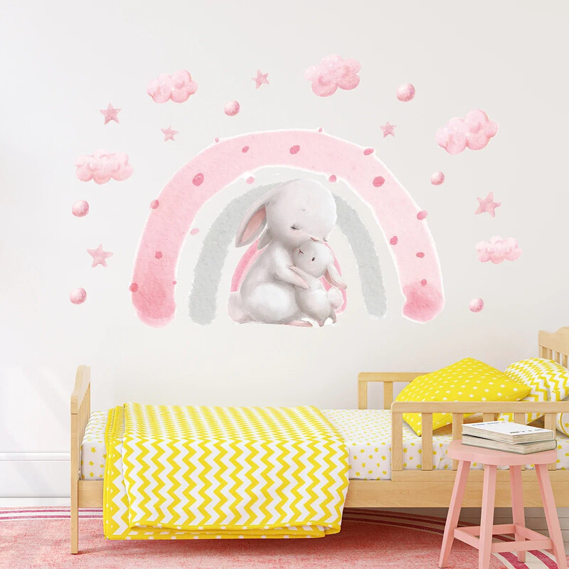 1PC slatki ružičasti dugin zeko zidna naljepnica za dječju sobu, spavaću sobu, dječju sobu Dekoracija doma Dekoracija zidova