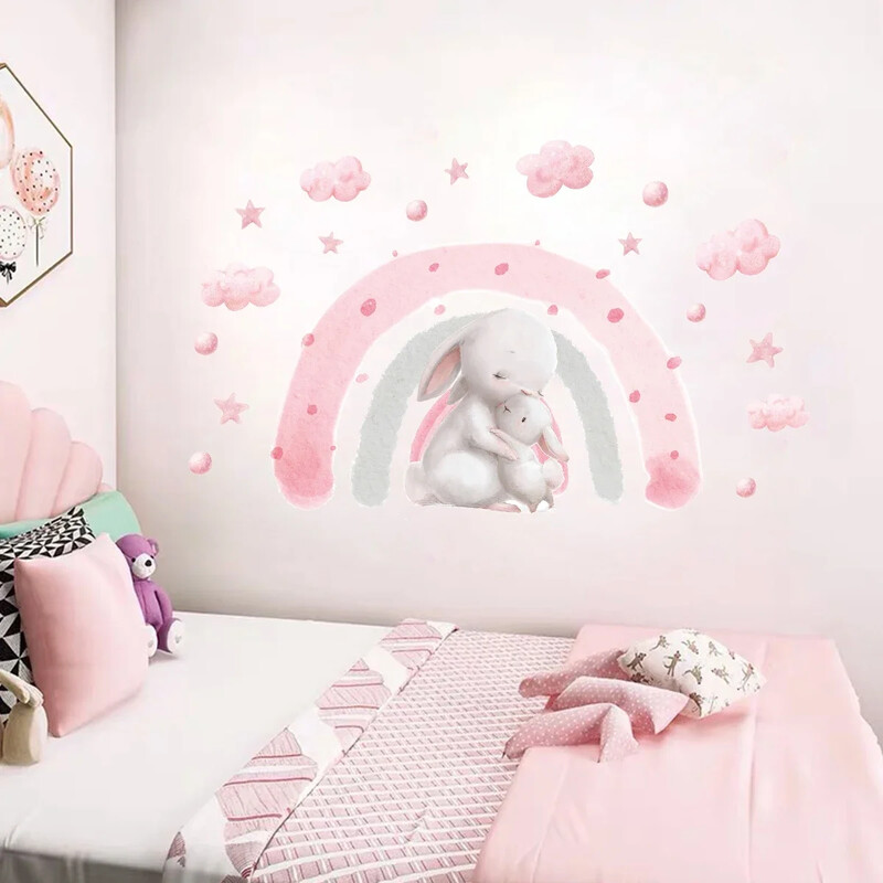 1PC slatki ružičasti dugin zeko zidna naljepnica za dječju sobu, spavaću sobu, dječju sobu Dekoracija doma Dekoracija zidova