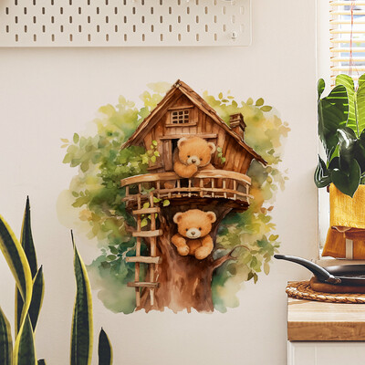 Сладък анимационен филм Bear Tree House Стикери за стена за детска стая Спалня Всекидневна Декорация на дома Стикери за стена