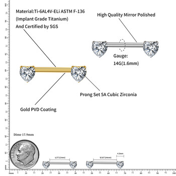 1Pc Right Grand ASTM F136 Titanium 14G Heart CZ Nipple Ring Threadless Push Pin Straight Nipple Barbell Пиърсинг Бижута за тяло