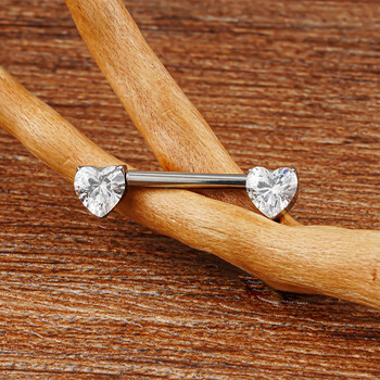 1Pc Right Grand ASTM F136 Titanium 14G Heart CZ Nipple Ring Threadless Push Pin Straight Nipple Barbell Пиърсинг Бижута за тяло